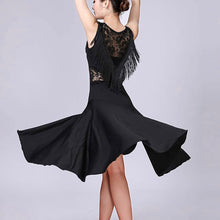 Load image into Gallery viewer, PLT Dancewear Women's 3/4 Length Ballroom Latin Practice Fringe & Twirl Dress Black