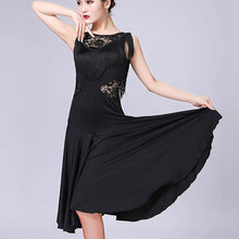 Load image into Gallery viewer, PLT Dancewear Women's 3/4 Length Ballroom Latin Practice Fringe & Twirl Dress Black