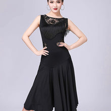 Load image into Gallery viewer, PLT Dancewear Women's 3/4 Length Ballroom Latin Practice Fringe & Twirl Dress Black
