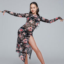Load image into Gallery viewer, Front of rose pattern Pretty In Print Long Sleeve Latin Dance Dress