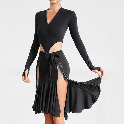 Long Sleeves Tops Fringed Skirt Black Suit Rumba Samba Dancing Dress 