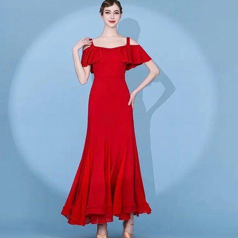 PLT Dancewear Women's Full Length Ballroom Practice Cold Shoulder Smooth Dress