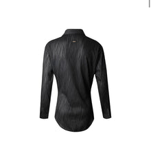 Load image into Gallery viewer, The back of a textured black dance shirt
