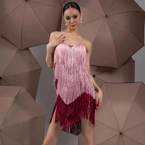 Color Block Fringe Latin Dance Dress