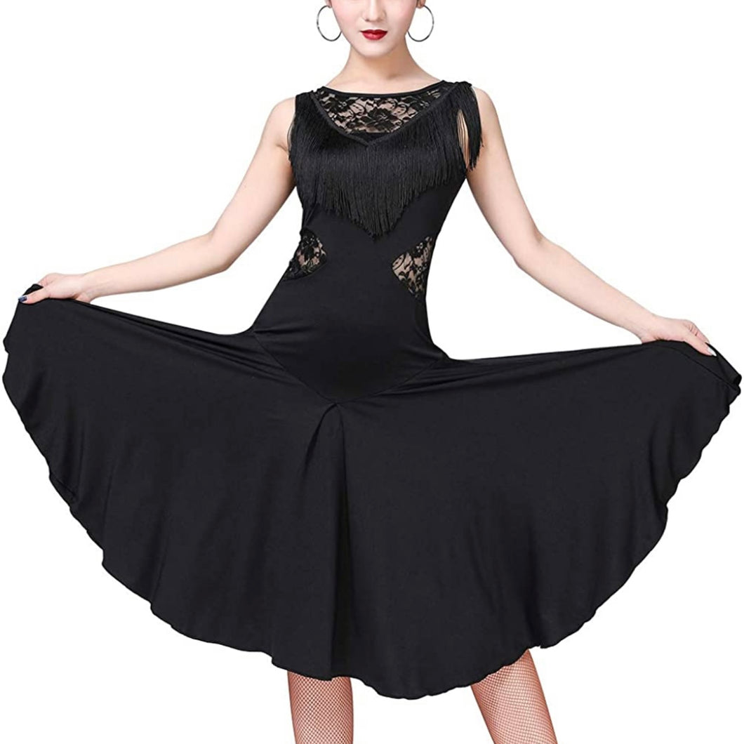 PLT Dancewear Women's 3/4 Length Ballroom Latin Practice Fringe & Twirl Dress Black