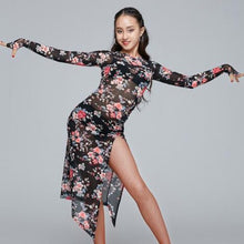 Load image into Gallery viewer, Front of rose pattern Pretty In Print Long Sleeve Latin Dance Dress
