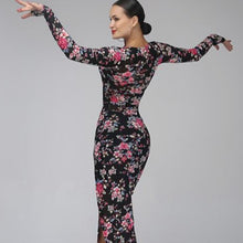 Load image into Gallery viewer, Back of rose pattern Pretty In Print Long Sleeve Latin Dance Dress
