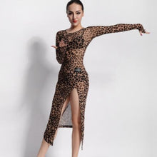 Load image into Gallery viewer, Front of leopard pattern Pretty In Print Long Sleeve Latin Dance Dress 
