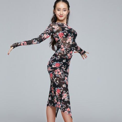 Back of rose pattern Pretty In Print Long Sleeve Latin Dance Dress