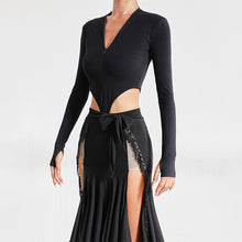 Load image into Gallery viewer, Long Sleeves Tops Fringed Skirt Black Suit Rumba Samba Dancing Dress 
